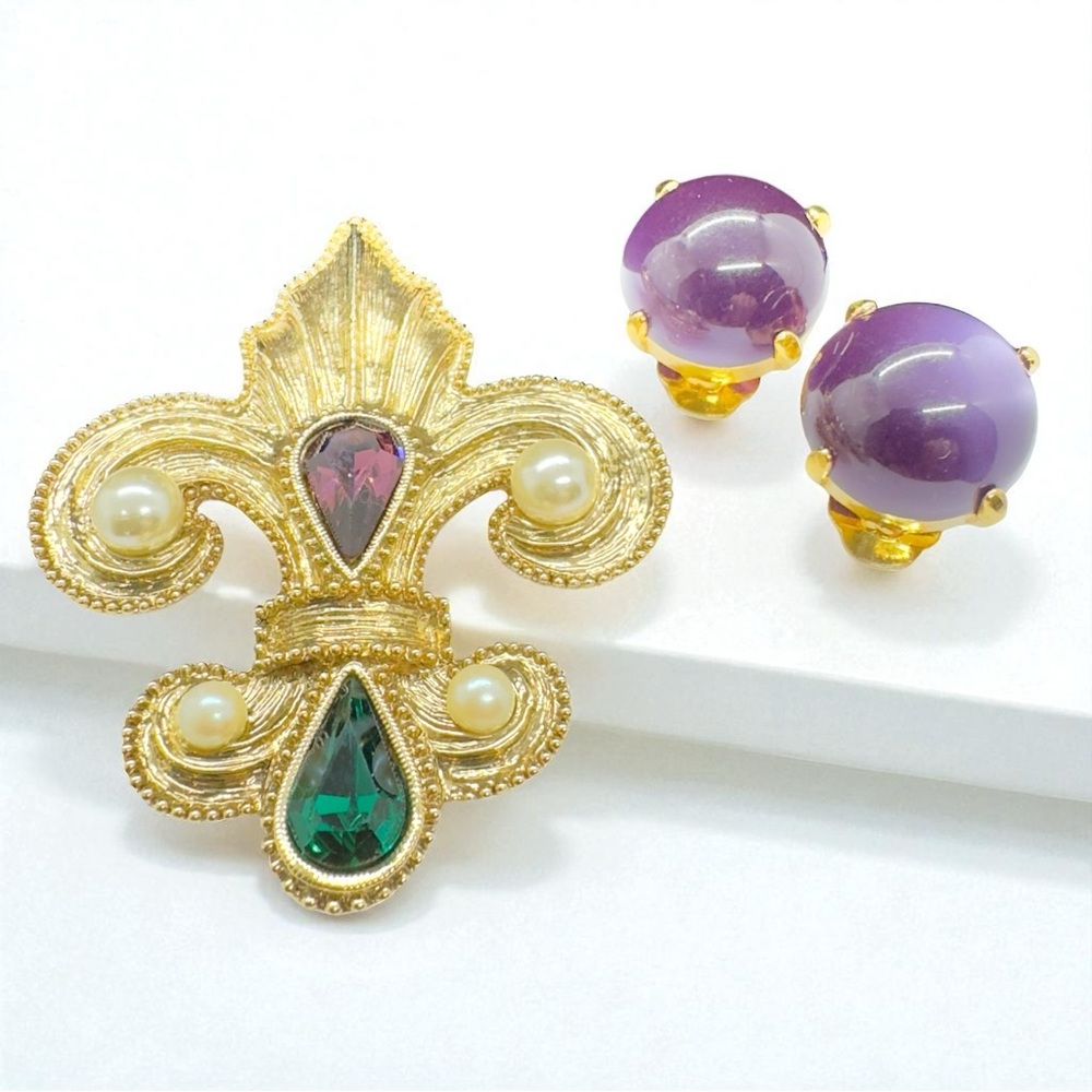 Vintage Jeweled Pearl Fleur De Lis Brooch & Purple Moon Glow Clip On Earrings